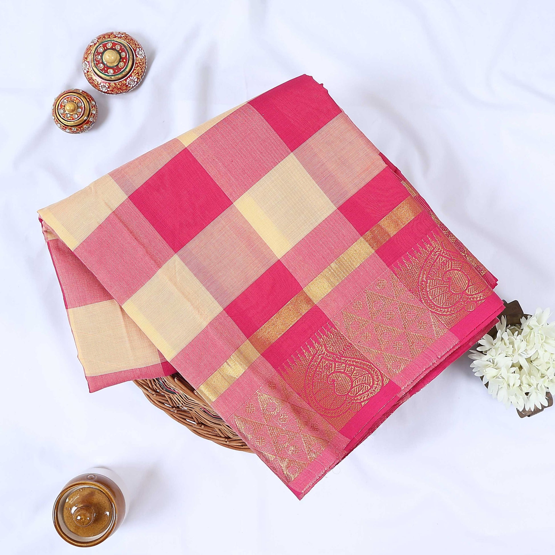 Venkatagiri cotton saree with pink and cream checks gold zari border front folded product view