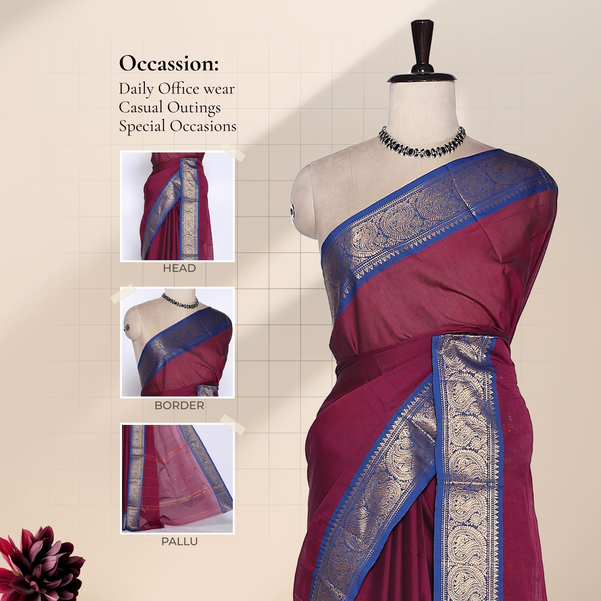 Venkatagiri cotton saree with royal blue zari border in purple front draped view on mannequin
