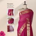 Venkatagiri cotton saree with gold zari border in magenta pink front draped mannequin view