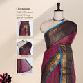 Venkatagiri cotton saree with gold stripes black zari border and blue edging draped on mannequin front view.