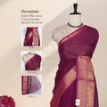 Front view of purple Venkatagiri cotton saree with gold zari border and richly woven pallu on mannequin.