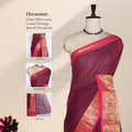Venkatagiri cotton saree with pink and gold zari border in vibrant purple draped on mannequin front view.