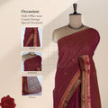Venkatagiri cotton saree with maroon body gold zari buttas and contrast woven zari border front draped mannequin view