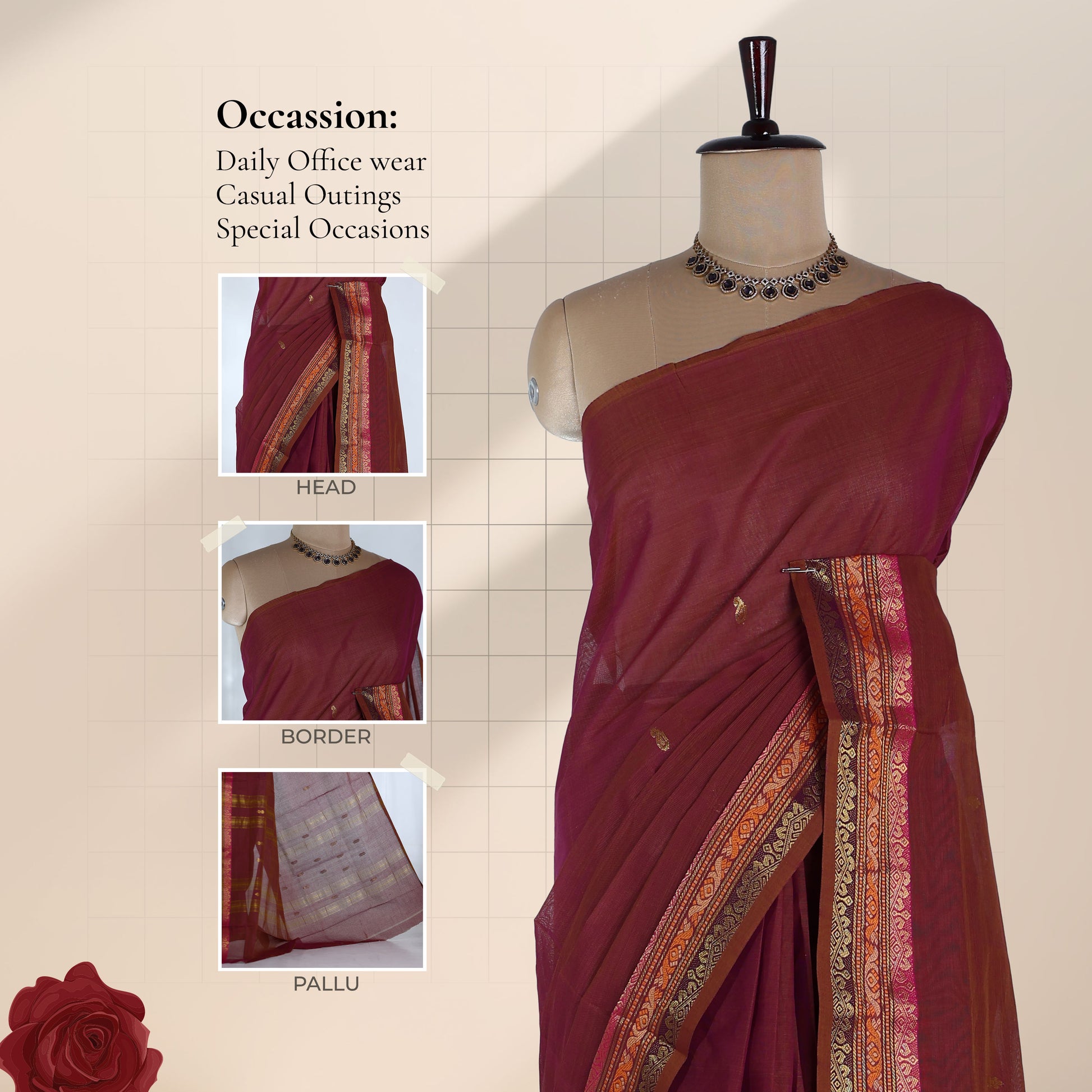 Venkatagiri cotton saree with maroon body gold zari buttas and contrast woven zari border front draped mannequin view