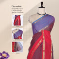 Purple Venkatagiri cotton saree with checkered body red zari border and woven pallu displayed on mannequin front view.