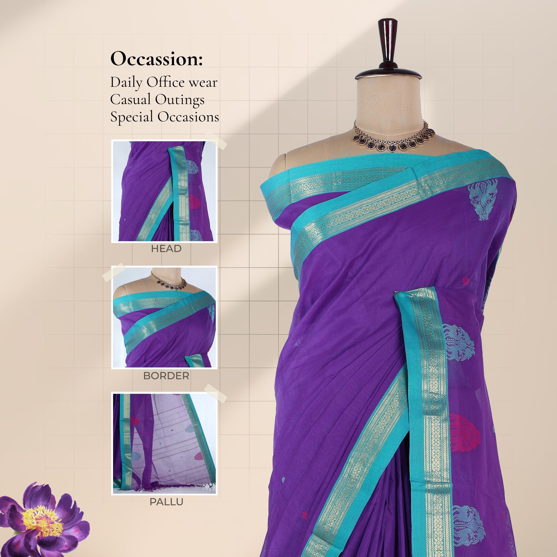 Venkatagiri cotton saree with purple body turquoise zari border and woven motifs front draped view on mannequin