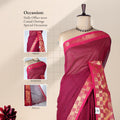 Venkatagiri cotton saree with maroon body and pink geometric temple zari border front draped mannequin view