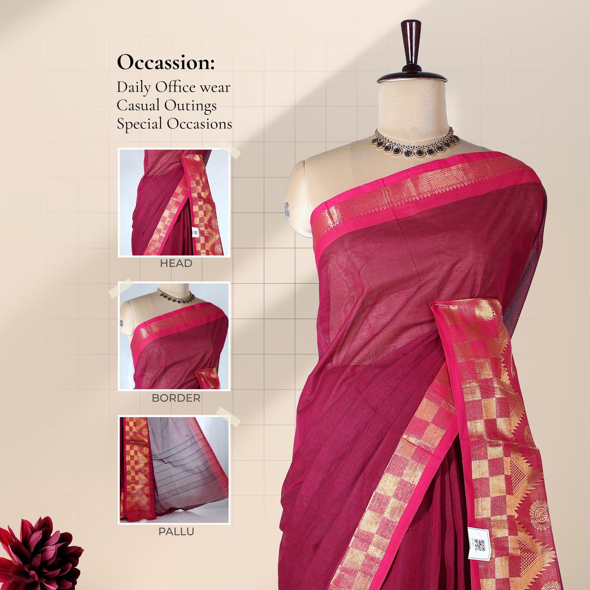Venkatagiri cotton saree with maroon body and pink geometric temple zari border front draped mannequin view