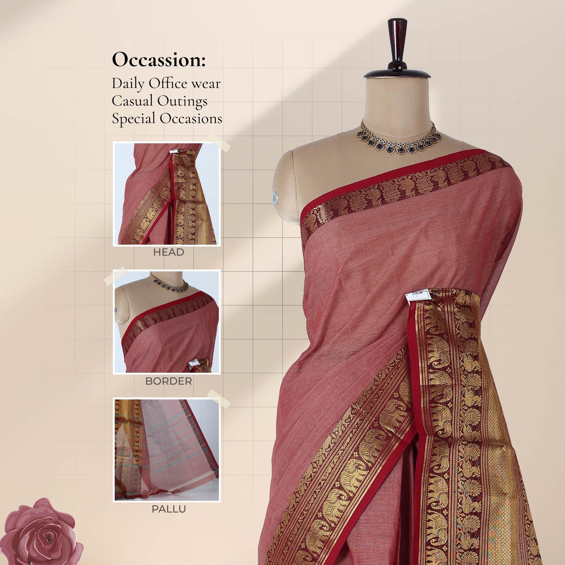 Venkatagiri cotton saree with red body and traditional elephant and peacock zari border front draped mannequin view