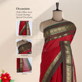 Venkatagiri cotton saree with olive green zari temple border on red body front view with border and pallu details