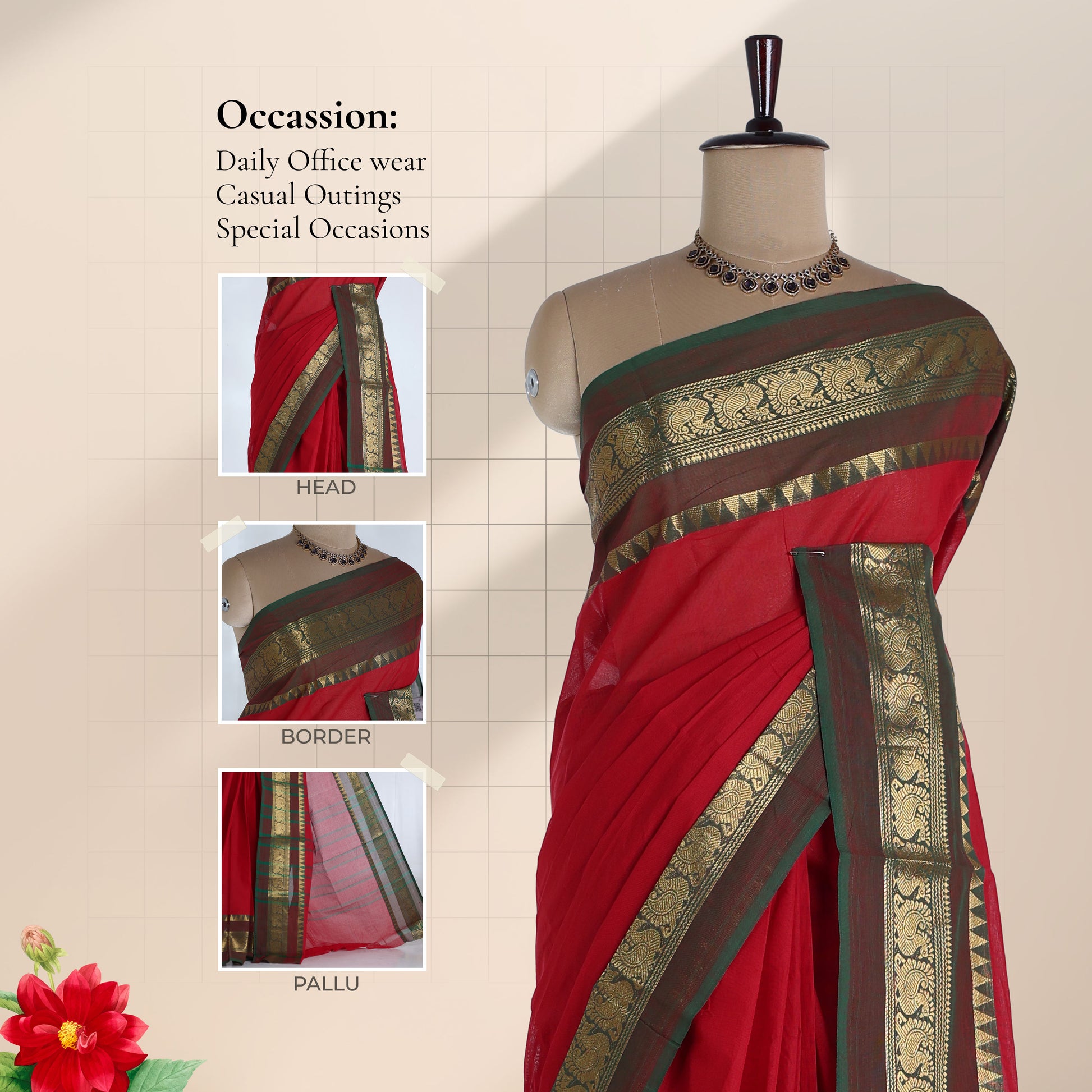 Venkatagiri cotton saree with olive green zari temple border on red body front view with border and pallu details