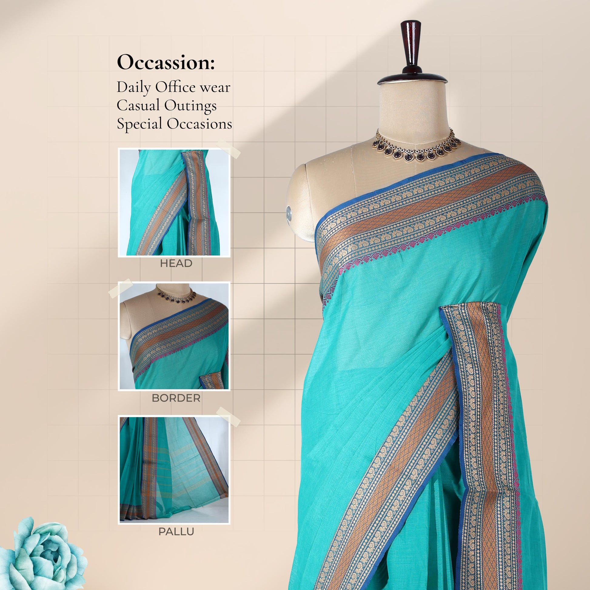 Venkatagiri cotton saree with traditional gold zari woven blue border in teal front view on mannequin 