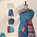 Venkatagiri cotton saree with teal blue body and purple peacock zari border front draped mannequin view.