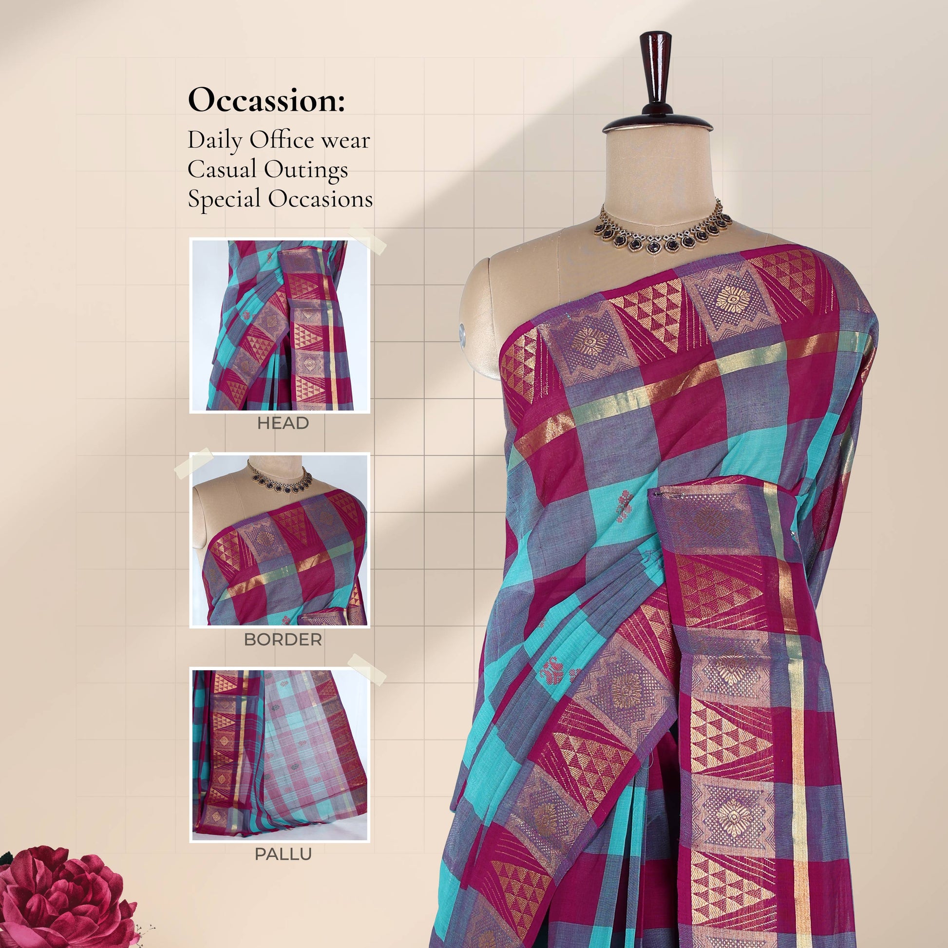 Venkatagiri cotton saree with aqua blue and magenta checked pattern zari woven border front draped view