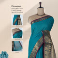 Venkatagiri cotton saree with teal body and traditional elephant and peacock zari border front draped mannequin view