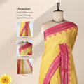 Yellow Venkatagiri cotton saree with pink temple zari border front draped mannequin view.