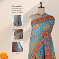 Venkatagiri cotton saree with blue and yellow checks contrast woven border front view on mannequin.