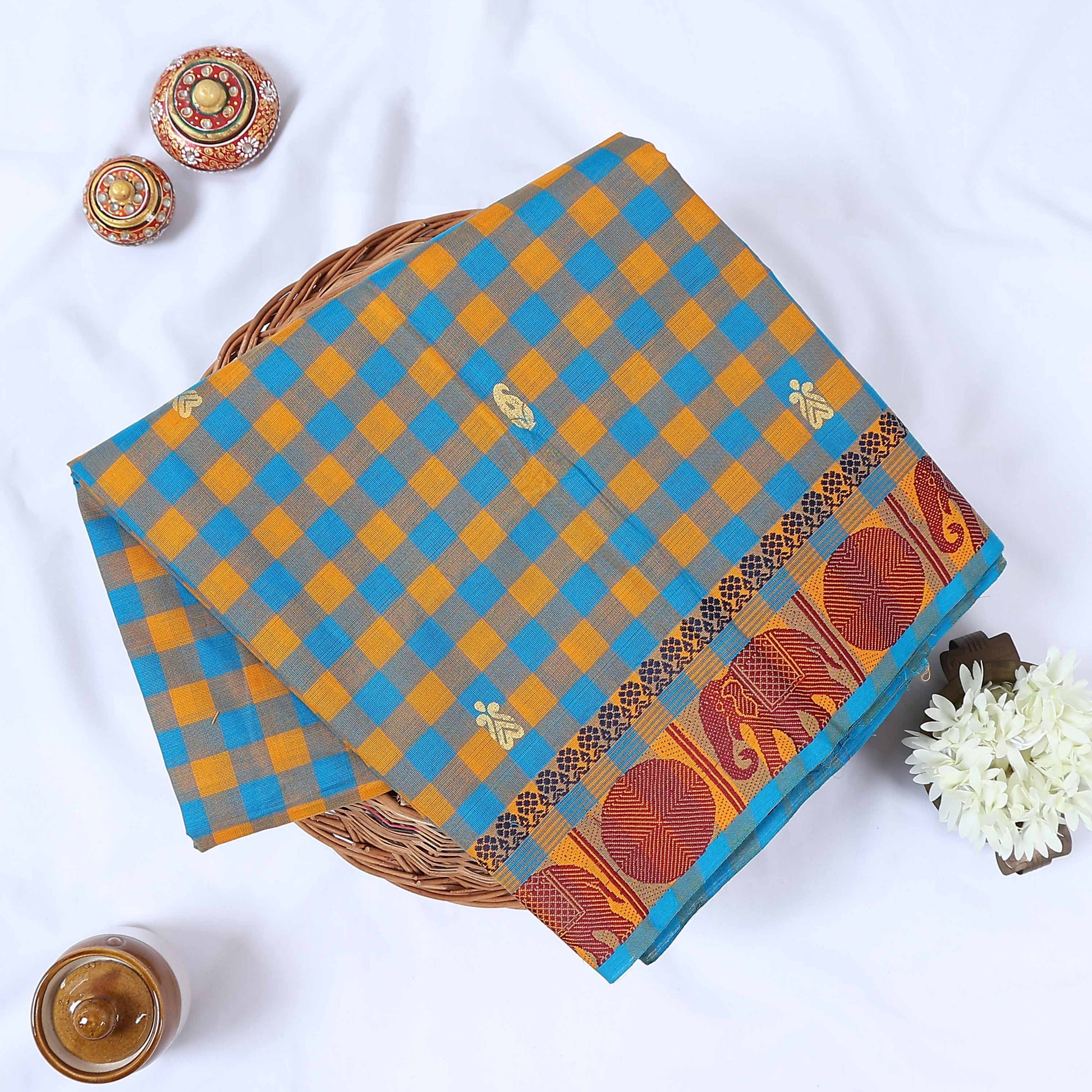 Venkatagiri cotton saree with blue and yellow checked pattern gold motifs maroon woven border front folded view