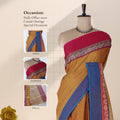 Venkatagiri cotton saree with yellow body blue and red zari peacock border front draped mannequin view.