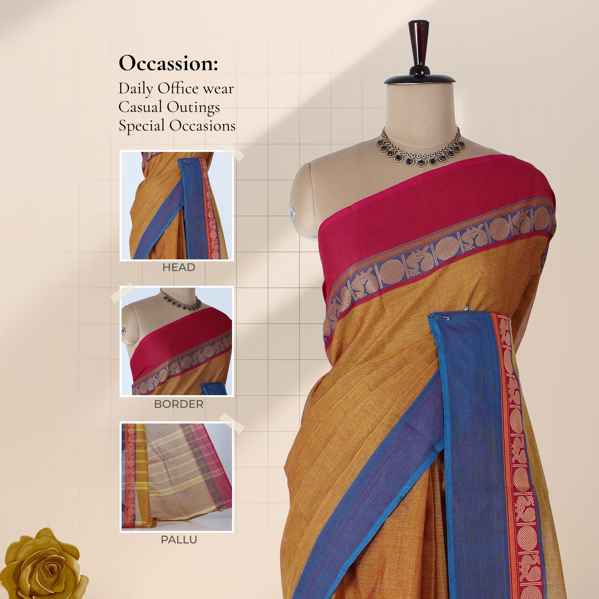 Venkatagiri cotton saree with yellow body blue and red zari peacock border front draped mannequin view.