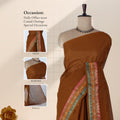 Venkatagiri cotton saree with zari buttas and multicolor woven border in brown front draped mannequin view