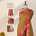 Venkatagiri cotton saree with olive green body pink floral zari border front draped mannequin with border and pallu