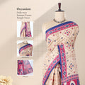 Voile cotton saree with beige geometric motifs and blue pink Ikat border draped on mannequin front view display.