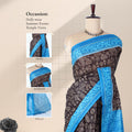 Voile cotton saree with tribal inspired print black body and blue border front draped view on mannequin