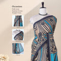 Voile cotton saree with abstract striped floral print in blue and black front draped mannequin view