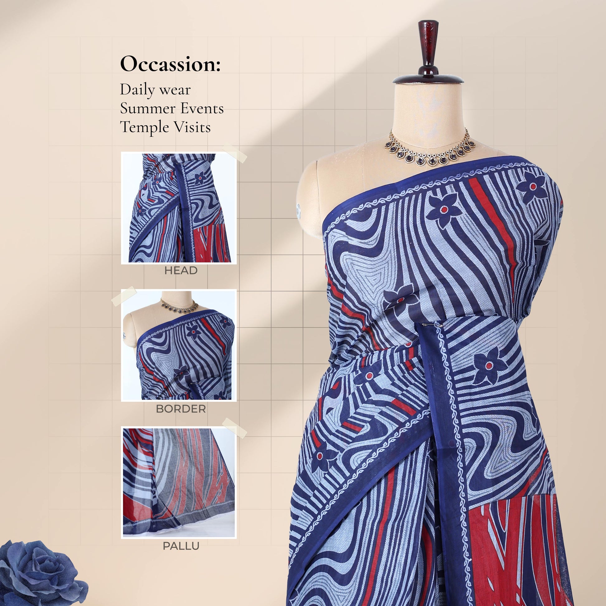 Voile cotton saree with abstract striped floral print in blue and red front draped mannequin view