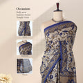 Blue Voile cotton saree with floral vine print and decorative contrast border draped on mannequin front view showcase.
