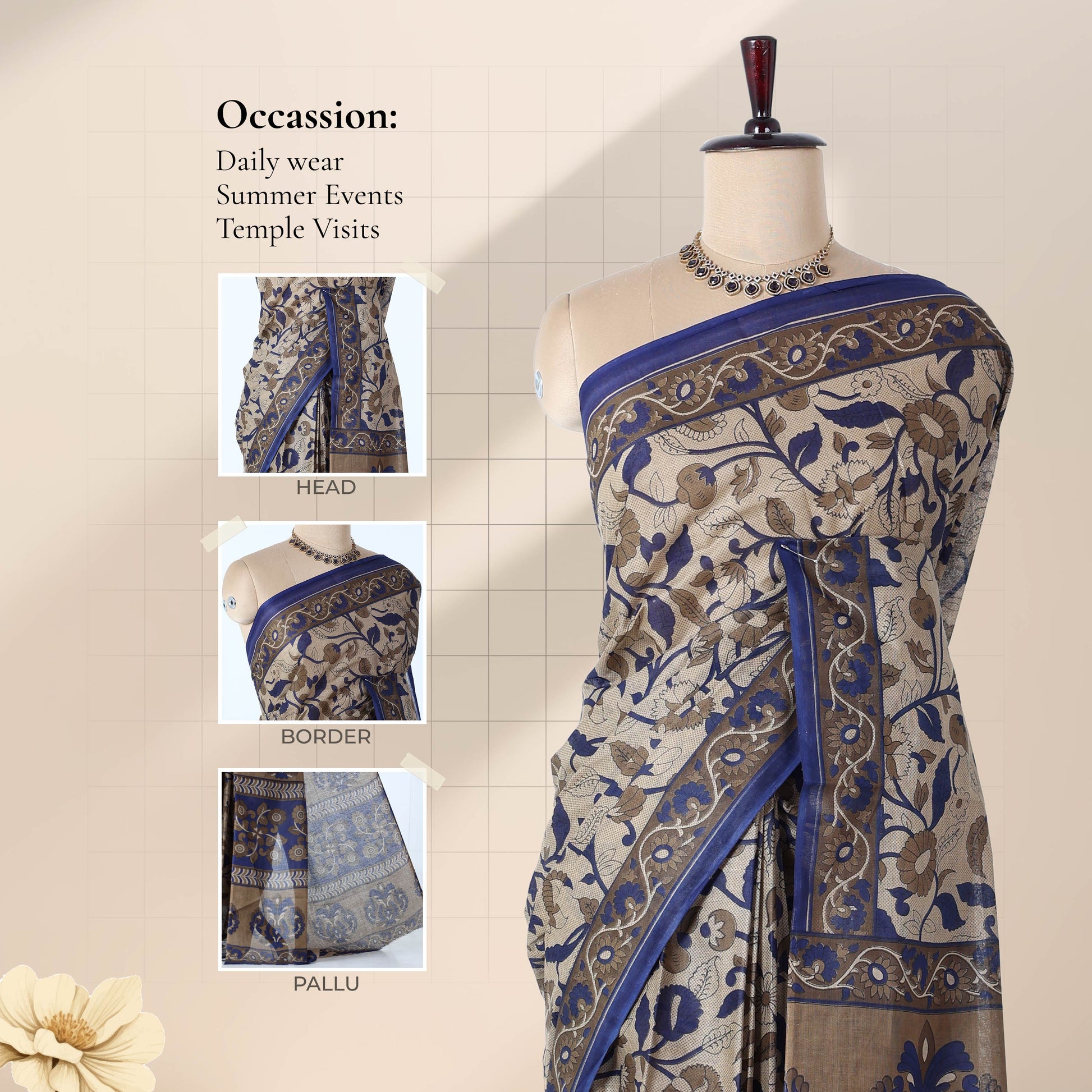 Blue Voile cotton saree with floral vine print and decorative contrast border draped on mannequin front view showcase.