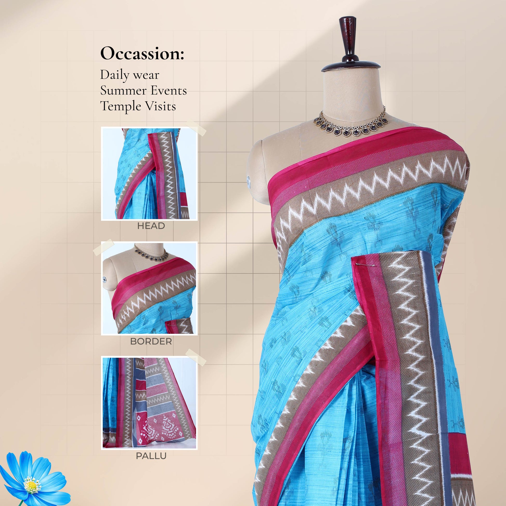 Blue voile cotton saree with ikat printed pattern and contrast chevron zari border front draped view on mannequin