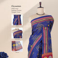 Blue voile cotton saree with Bandhani printed motifs and contrast zigzag zari border front draped mannequin view