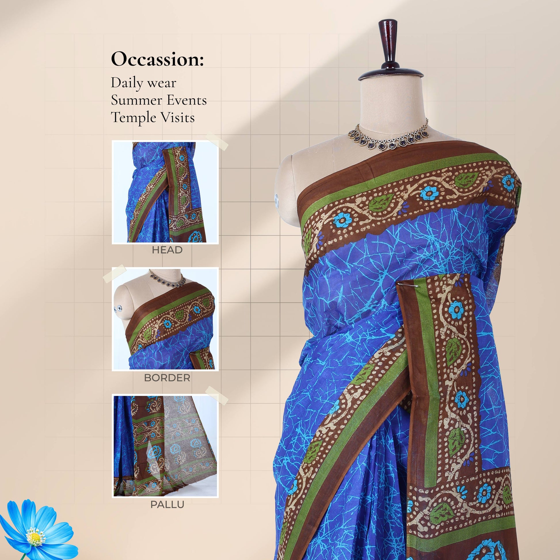 Blue voile cotton saree with abstract printed body and contrast floral zari border full front drape view