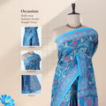 Blue voile cotton saree with paisley vine print body and floral border front draped view on mannequin.