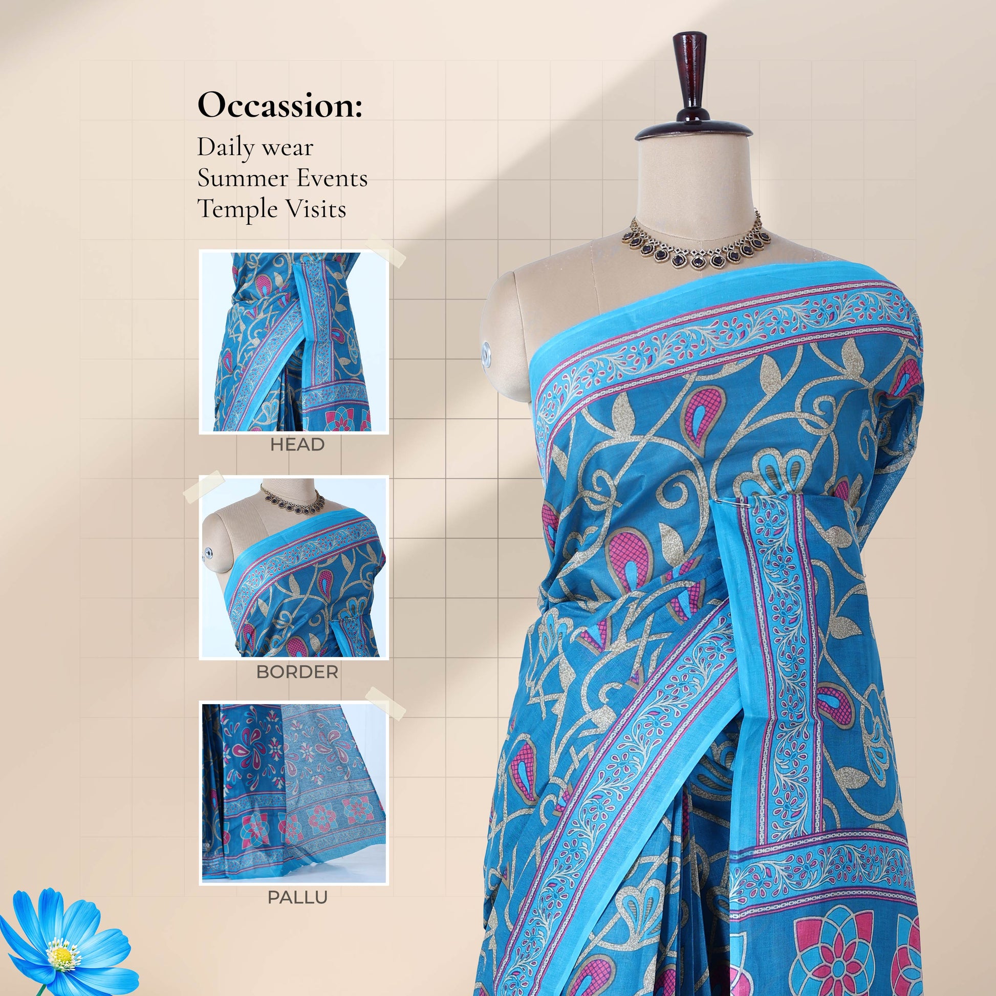 Blue voile cotton saree with paisley vine print body and floral border front draped view on mannequin.