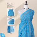 Blue voile cotton saree with floral vine butta print and ornamental border front drape mannequin view