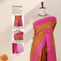 Brown voile cotton saree with floral butta woven pattern and contrast pink zari border front draped view on mannequin