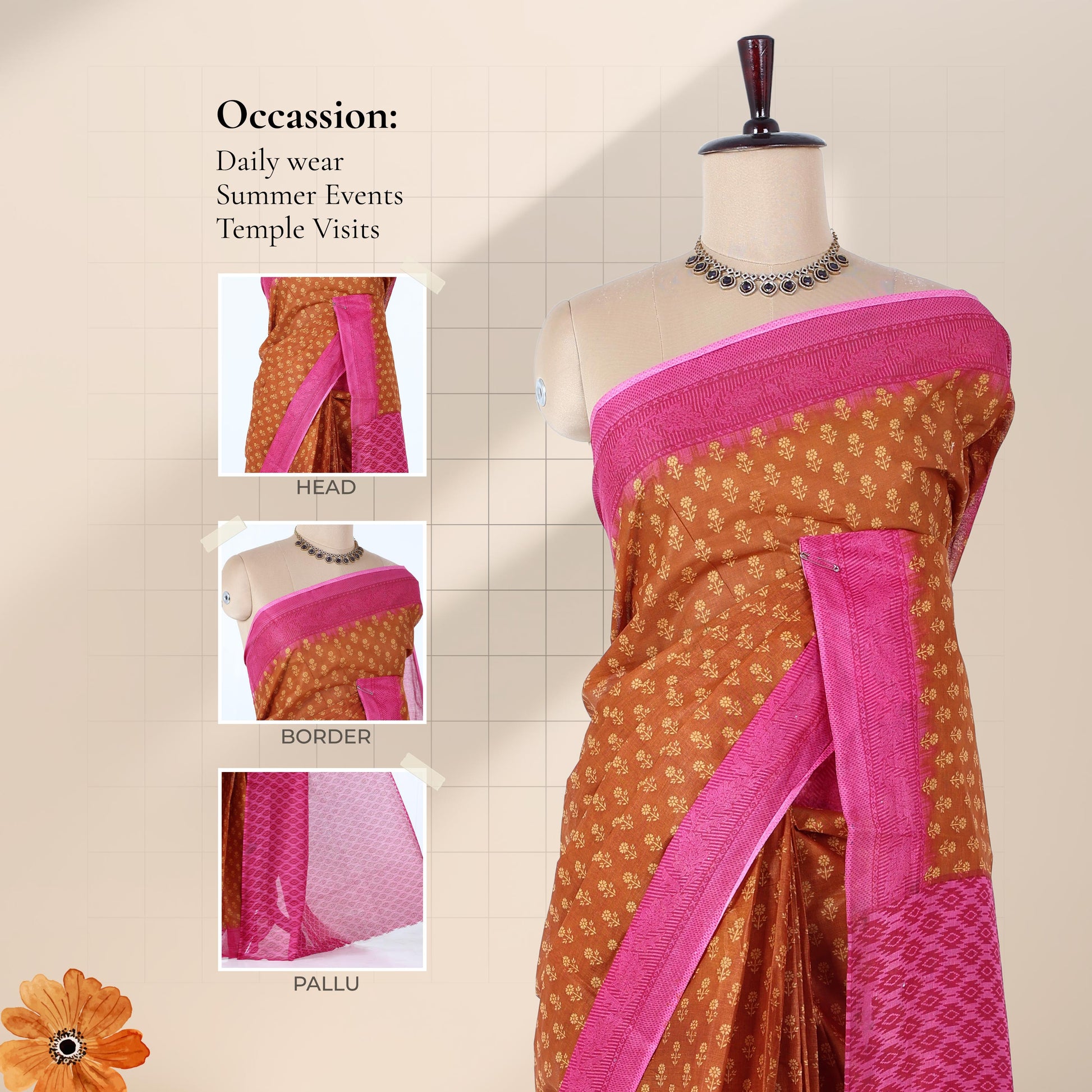 Brown voile cotton saree with floral butta woven pattern and contrast pink zari border front draped view on mannequin