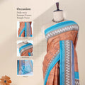 Brown voile cotton saree with ikat printed pattern and contrast chevron zari border front draped view on mannequin
