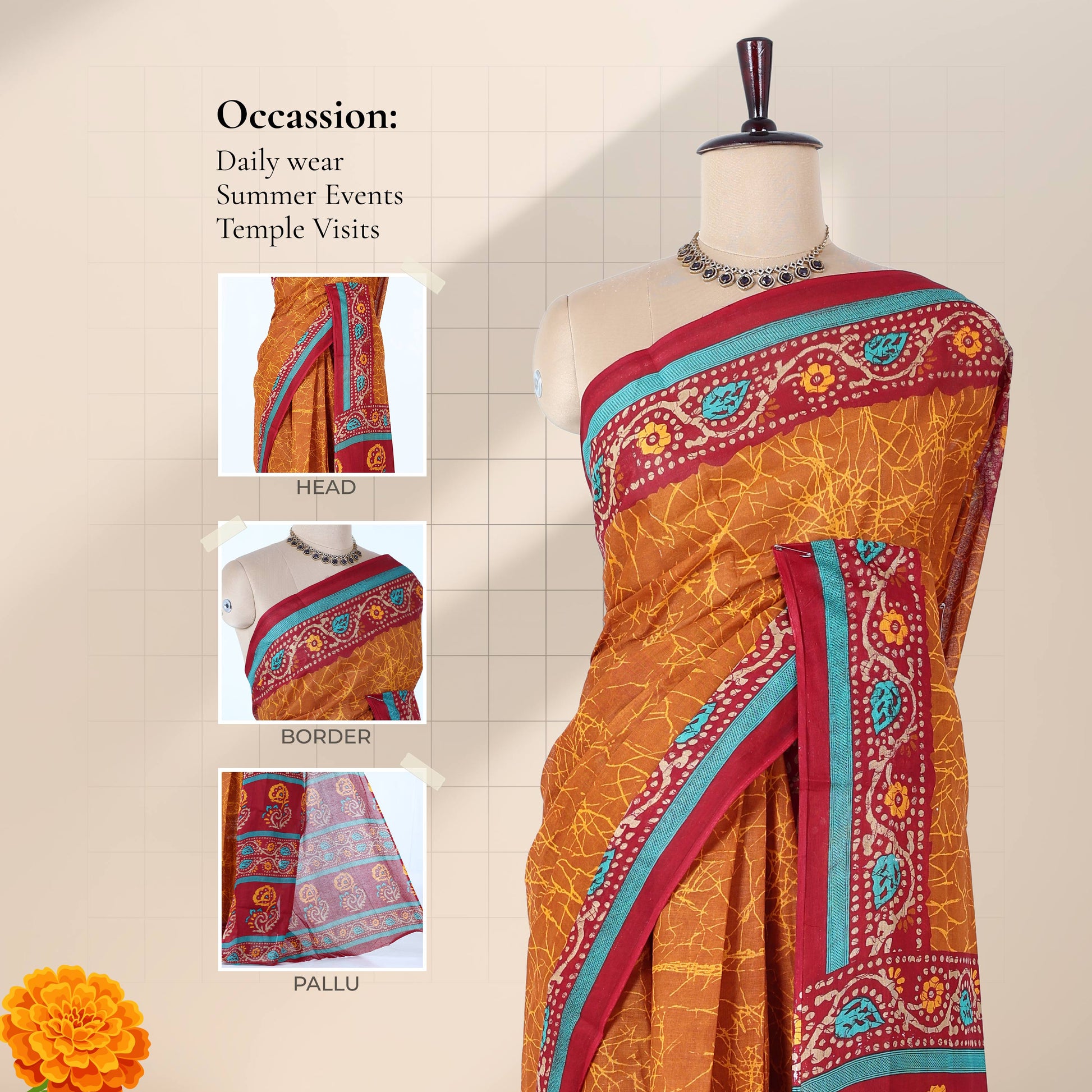 Brown voile cotton saree with abstract printed body and contrast floral zari border full front drape view