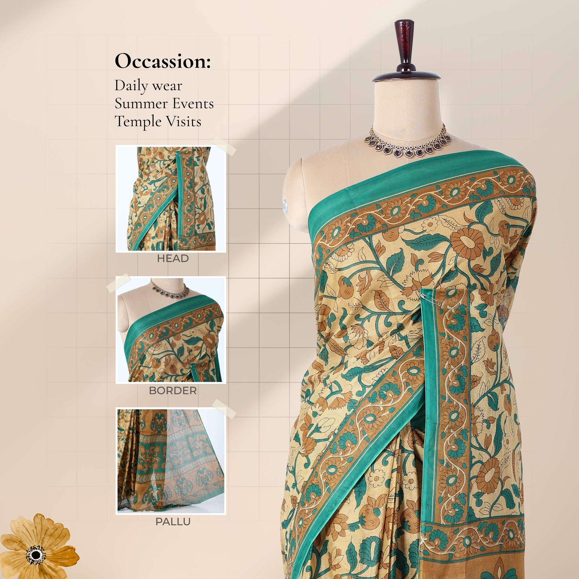 Green Voile cotton saree with floral vine print and decorative contrast border draped on mannequin front view showcase.