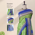 Green voile cotton saree with ikat printed pattern and contrast chevron zari border front draped view on mannequin