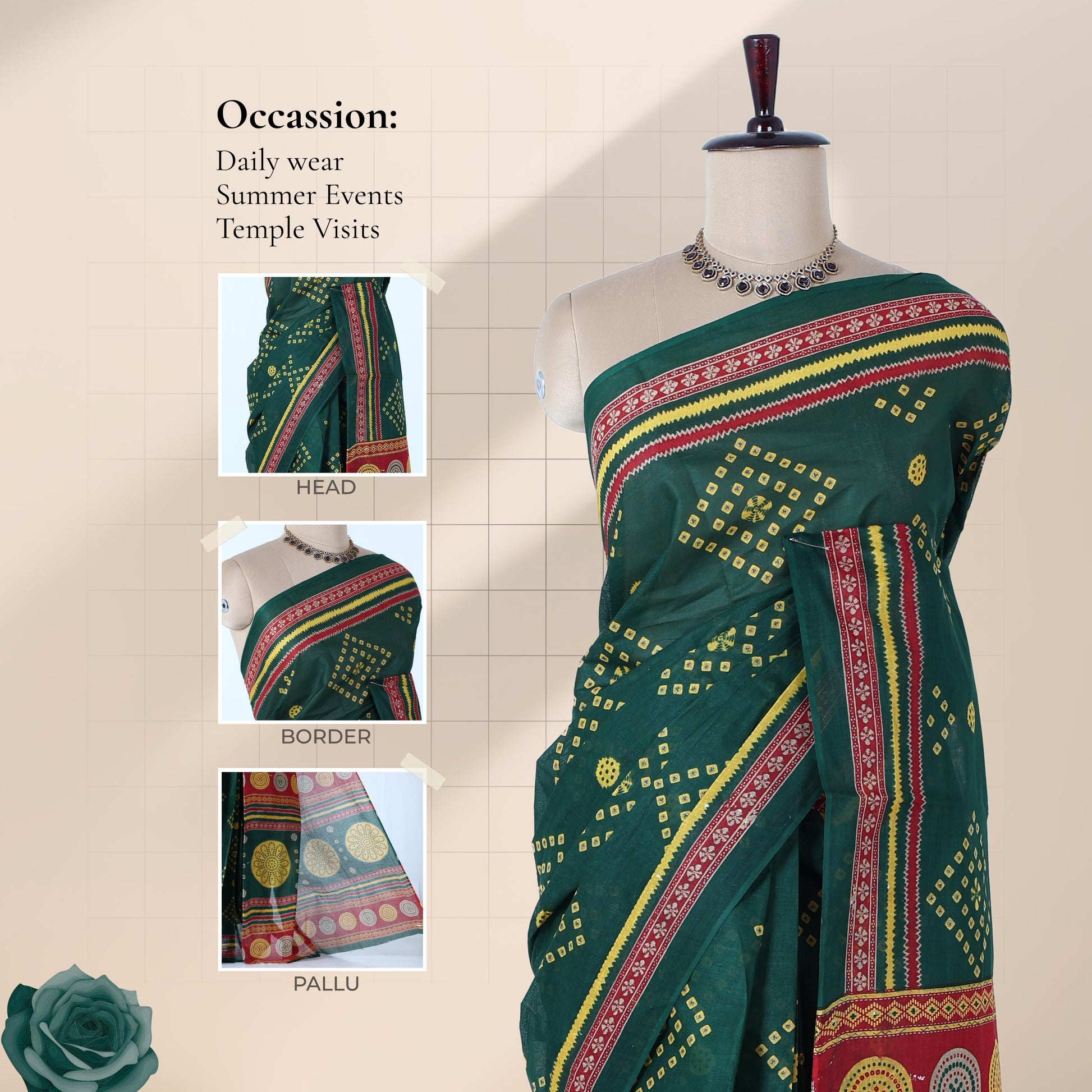 Green voile cotton saree with Bandhani printed motifs and contrast zigzag zari border front draped mannequin view