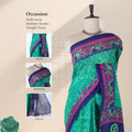 Green voile cotton saree with abstract printed body and contrast floral zari border full front drape view