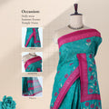 Voile cotton saree with floral motifs green body and pink woven border front drape view on mannequin