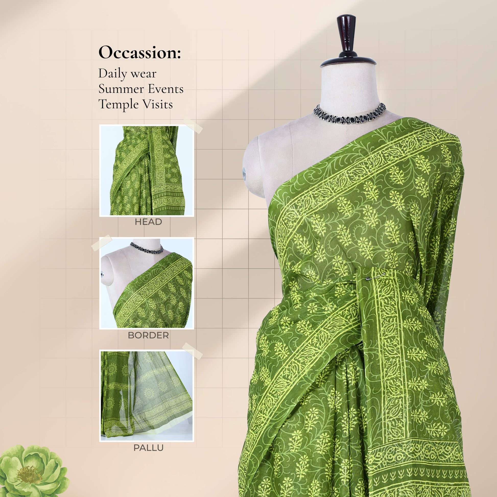 Green voile cotton saree with floral vine butta print and ornamental border, front drape mannequin view