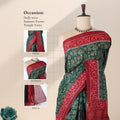 Voile cotton saree with tribal inspired print green body and red border front draped view on mannequin