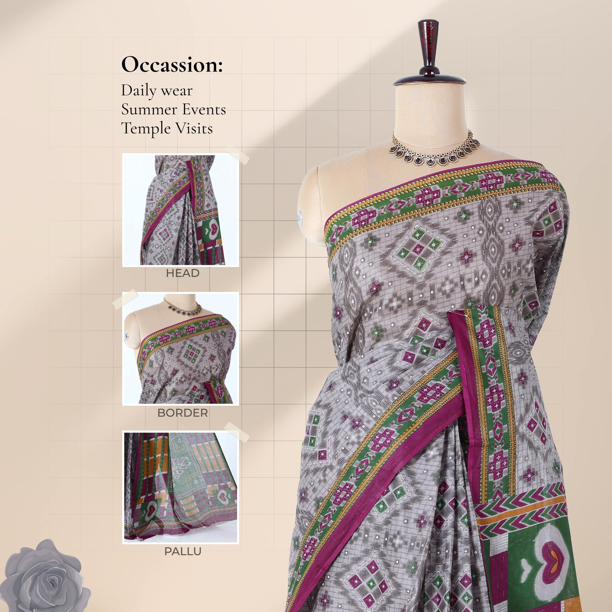 Voile cotton saree with geometric ethnic print and contrast border in grey front drape view on mannequin
